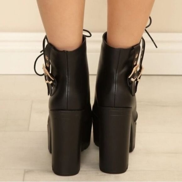 Women's Block Heel‎ Lace Up Botties Black Color - Picture 4 of 5